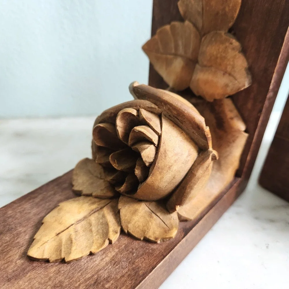 Antique Rose Wood Bookends Hand Carved‎ Floral Library French Country Decor